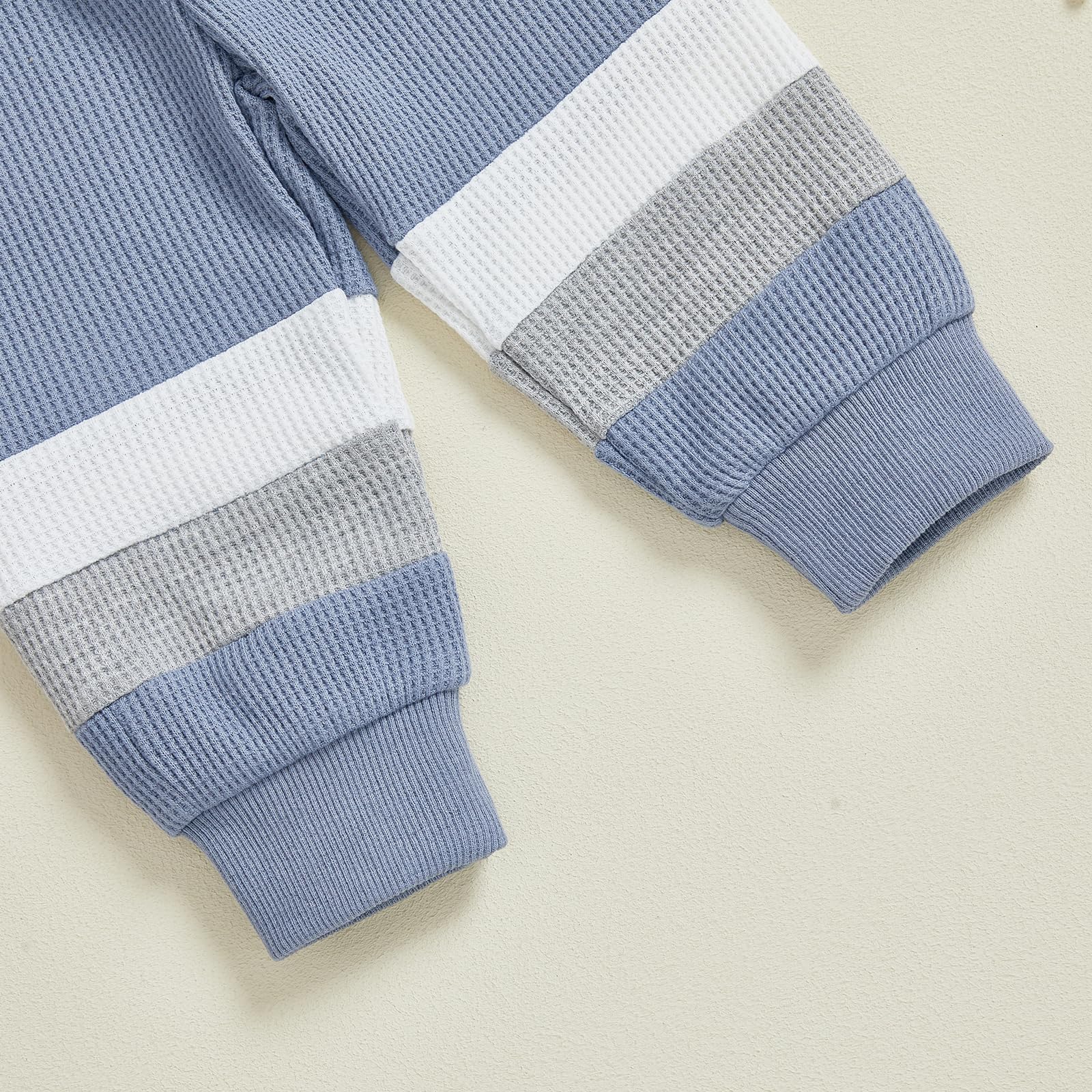 Kuriozud Toddler Baby Boy Fall Winter Clothes Long Sleeve Crewneck Pullover Sweatshirt Jogger Pants Set 2 Piece Outfit (Waffle Color Block Blue, 18-24 Months)