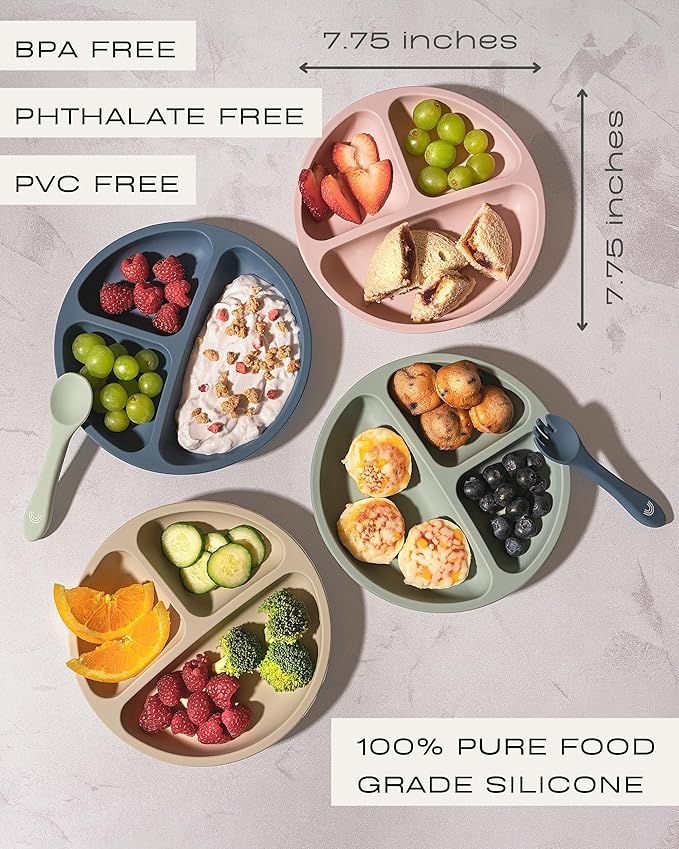 Hippypotamus Silicone Baby Feeding Set - Suction Toddler Plates, Weighted Toddler Cups & Baby-Safe Utensils - 100% Pure Food Grade Silicone - Set of 2 (Sage/Sand)