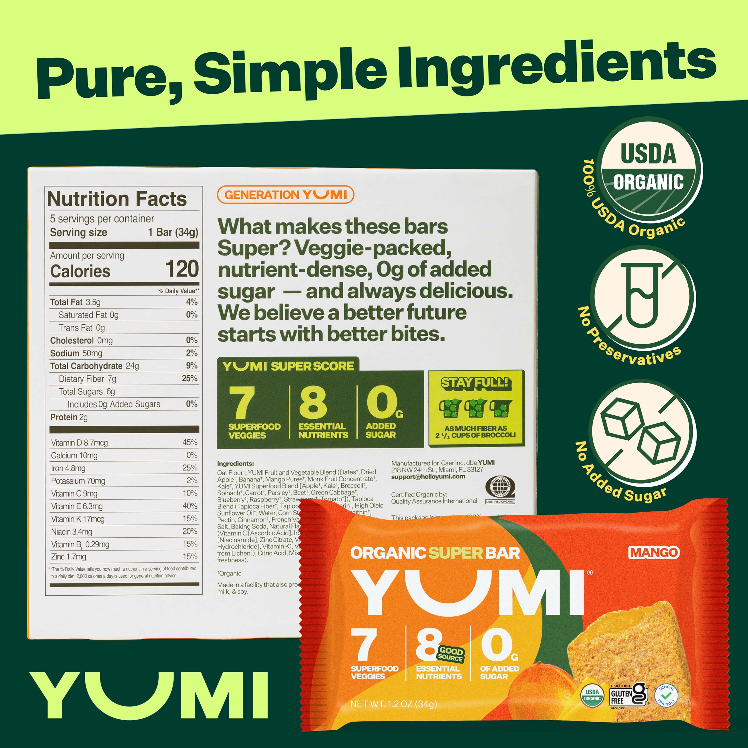 YUMI Organic Breakfast Superbar 7 Superfood Veggies High Fiber, Mango, 30CT