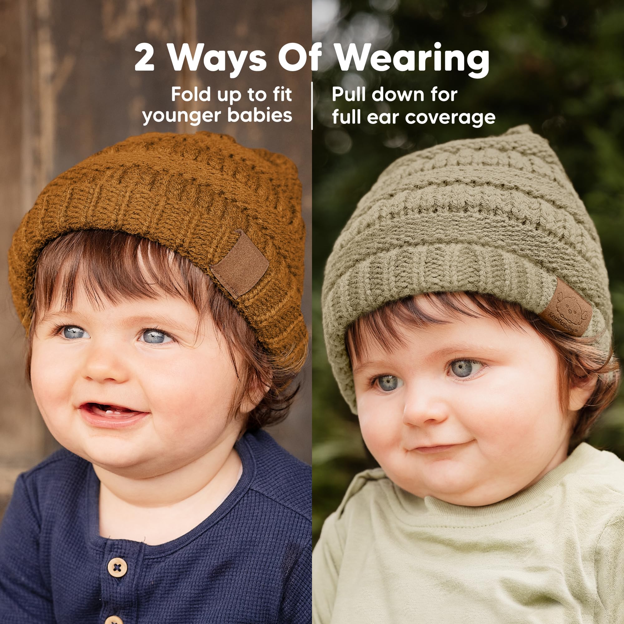 KeaBabies 3-Pack Baby Beanies for Boys, Girls,Soft Cute Baby Hat (Latte, 6-36M)