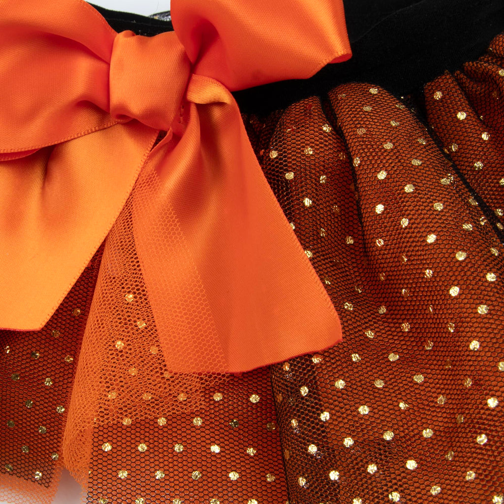 Baby Girl Halloween Outfit 4-Piece Pumpkin Set – Jack-O’-Lantern Bodysuit, Striped Pants, Tutu Skirt & Headband (9 months)