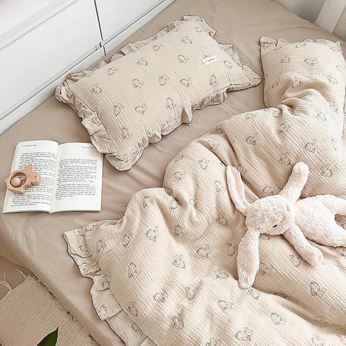 AOJIM Cute Rabbit Muslin Cotton Kids Toddler Pillowcase for Boys Girls Super Soft Baby Crib Bedding Pillowcase with Ruffle Edges Machine Washable Nursery Pillowcase, Durable Kids Pillow Cover, 14x20''