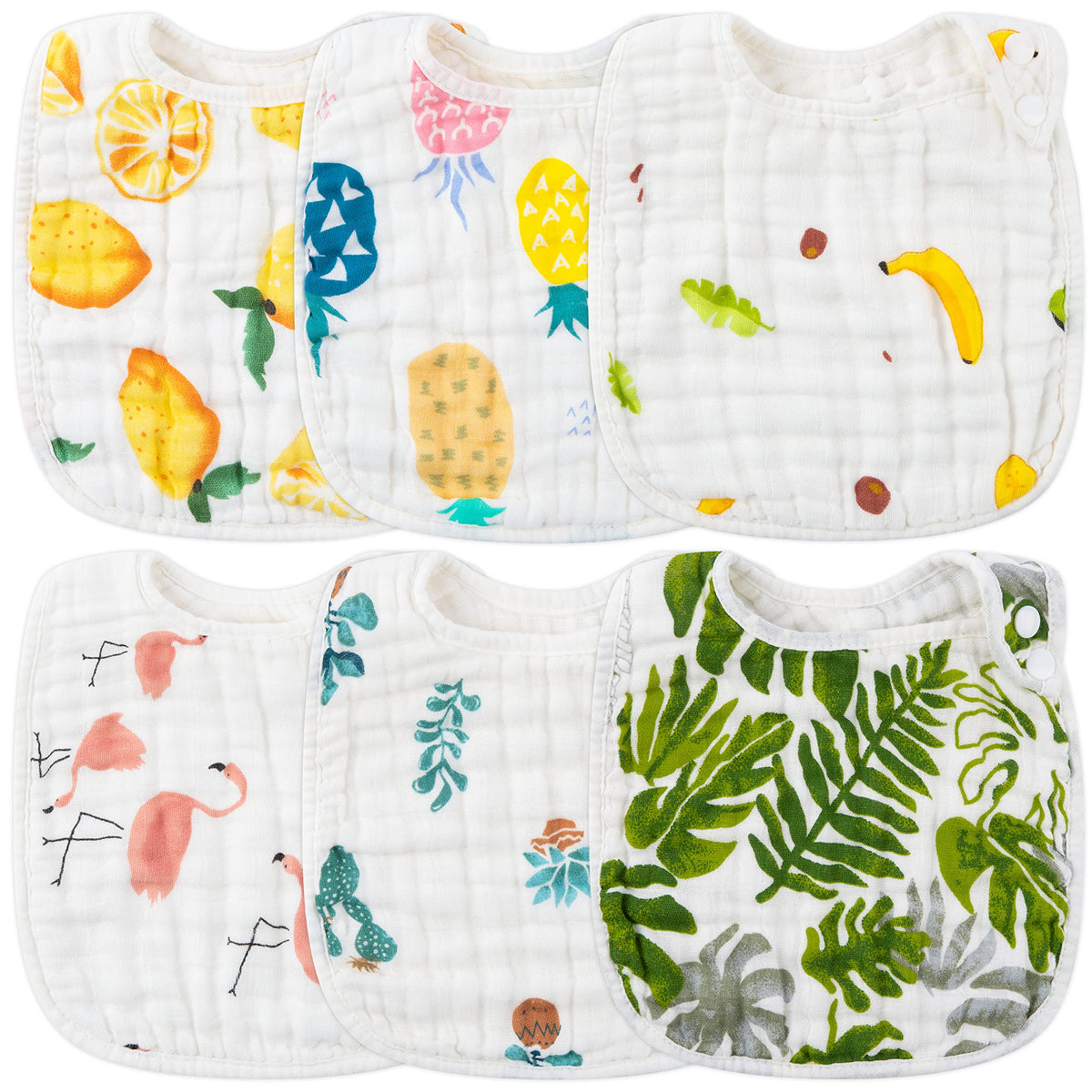 Zainpe 6Pcs Snap Muslin Cotton Bibs for Baby, Flamingo Star Flower Machine Washable Adjustable Burp Cloths with 6 Absorbent Soft Layers for Infant Newborn Toddler Drooling Feeding and Teething