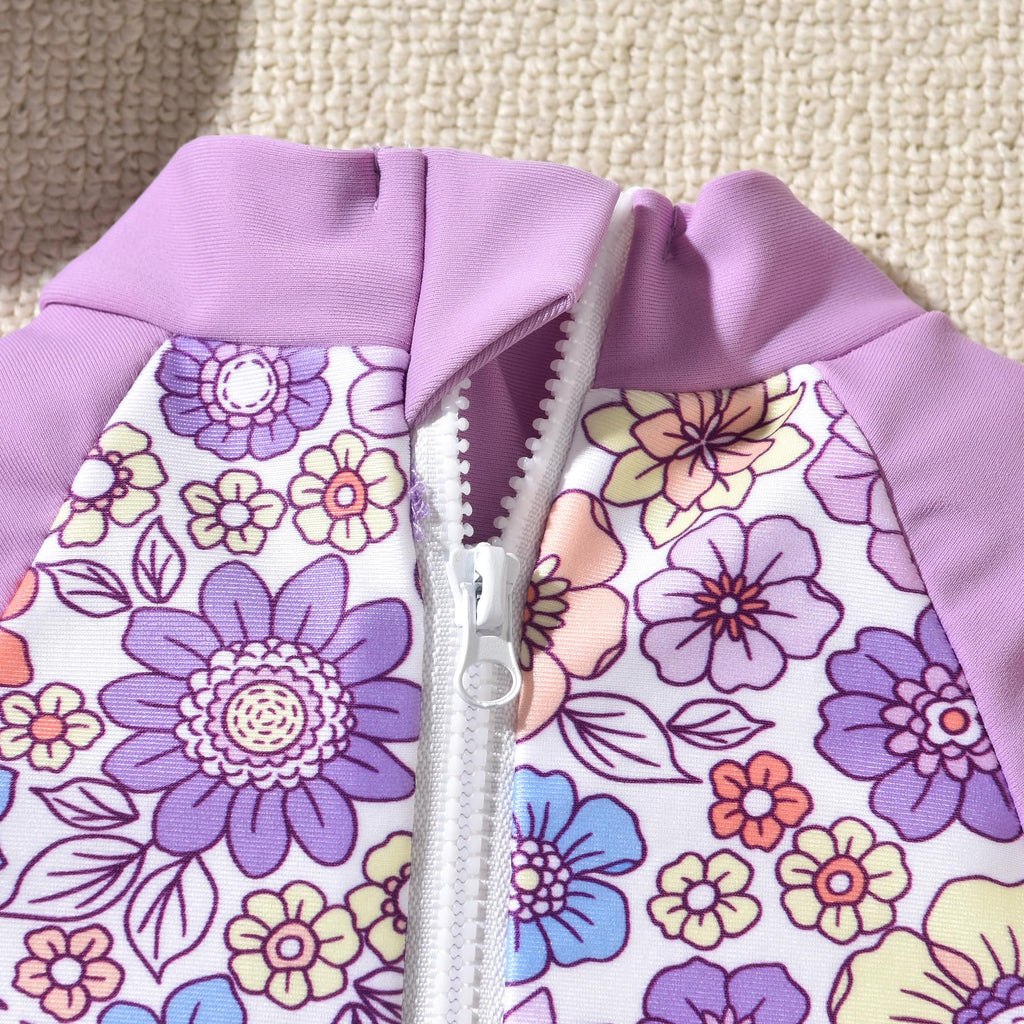 18-24 Months Baby Girls One Piece Long Sleeve Swimsuit Floral Bathing Suit Flower Swimwear Beach Wear Purple