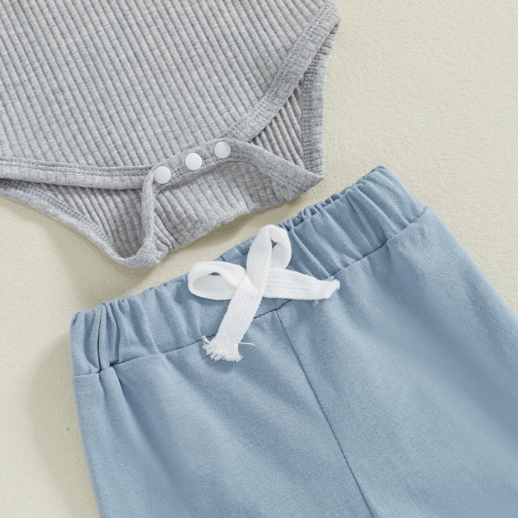 fhutpw Baby Boy Clothes 3 6 12 18 Months Ribbed Knitted Long Sleeve Romper and Pants Sets Newborn Fall Splicing Color Outfits (Y Gray & Blue, 0-3 Months)
