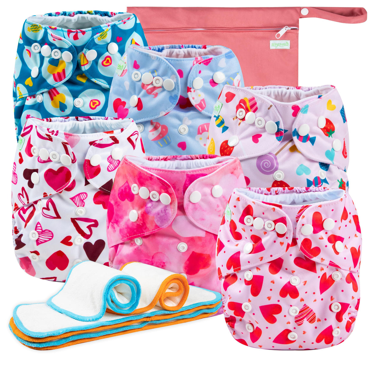 wegreeco Cloth Diapers 6 Pack with 6 Inserts & 1 Wet Bag, Washable Cloth Diapers for Babies, One Size Adjustable Reusable (Bright Animals)