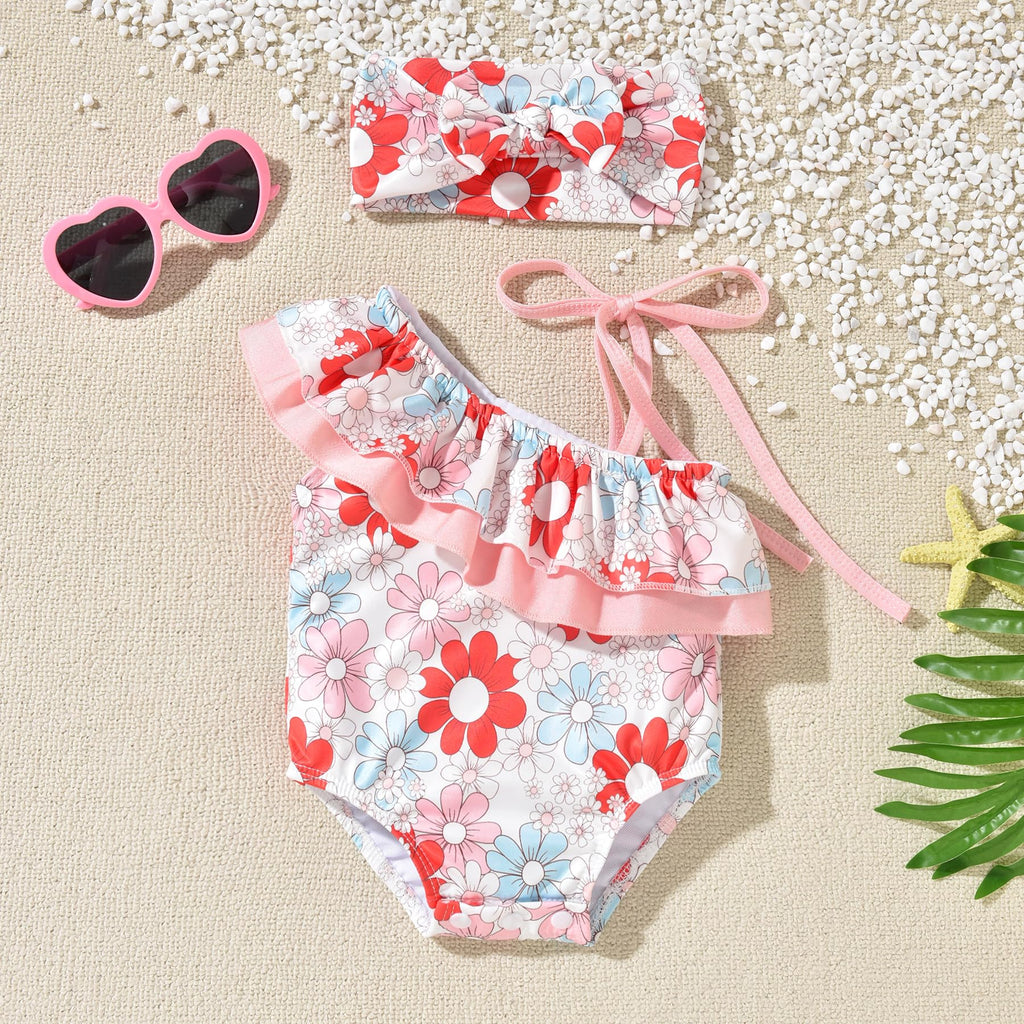 6 Month Baby Girls One Piece Ruffle Swimsuits Infant Floral Bathing Suit Off Shoulder Flower Swimwear Swimming Beach Wear with Headband 6-12 Months