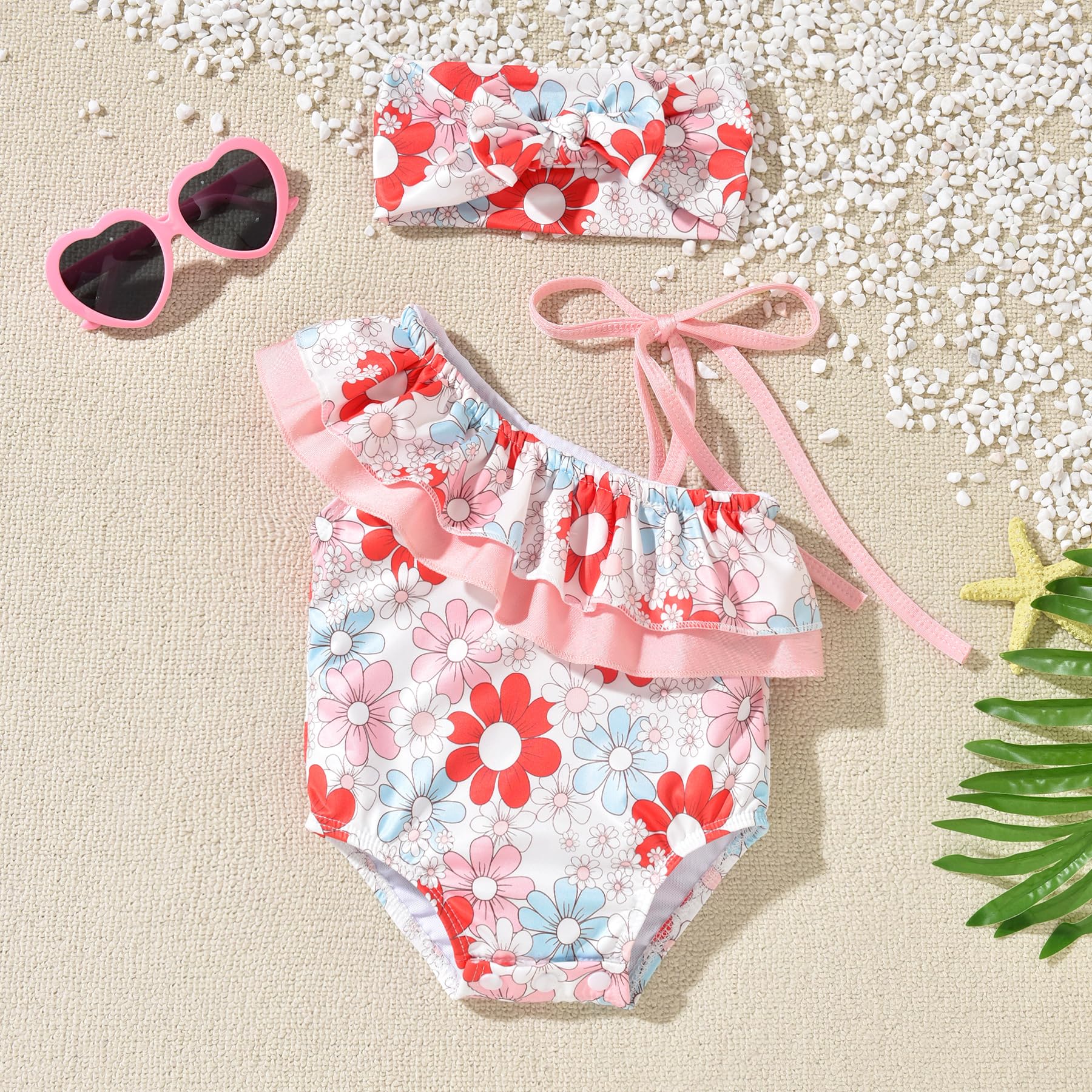 6 Month Baby Girls One Piece Ruffle Swimsuits Infant Floral Bathing Suit Off Shoulder Flower Swimwear Swimming Beach Wear with Headband 6-12 Months