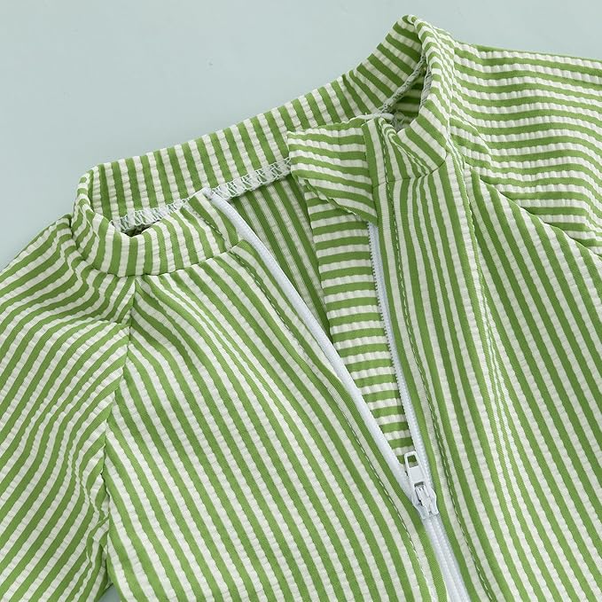 Toddler Baby Boys Seersucker Short Sleeve One Piece Rash Guard Swimsuit Zipper Bathing Suit Swimwear with Hat
