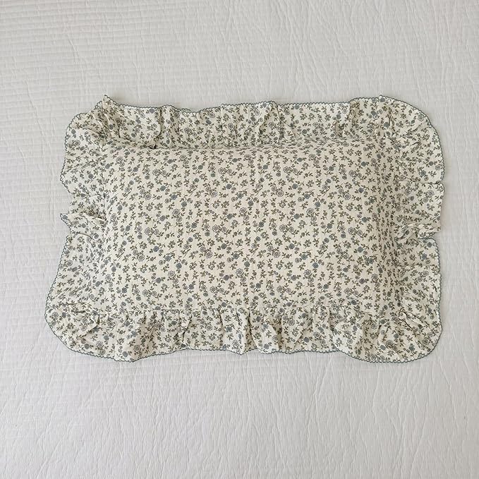 BuLuTu 2 Layers Muslin Cotton Toddler Pillowcase, 1 pc, 14"x20", Shabby Chic Blue Floral Print Pillow Cases for Kids Girls Boys Pillow Covers Soft Breathable, Envelope Closure