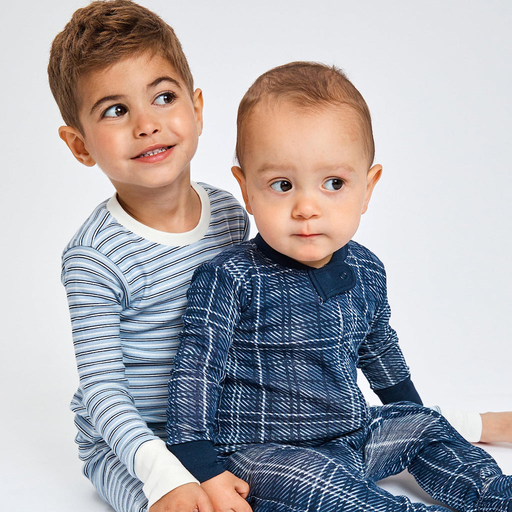 HonestBaby Baby Boys 4-Piece Long Sleeve PJ Set, Blue Plaid, 12 Months