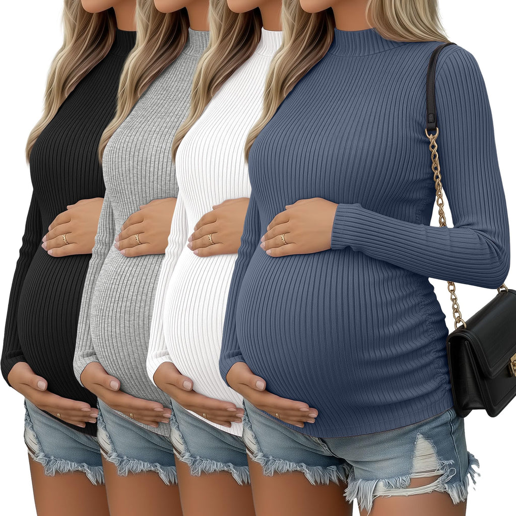 Oakgarden 4 Pack Women Long Sleeve Maternity Shirts, 4-Color, Small