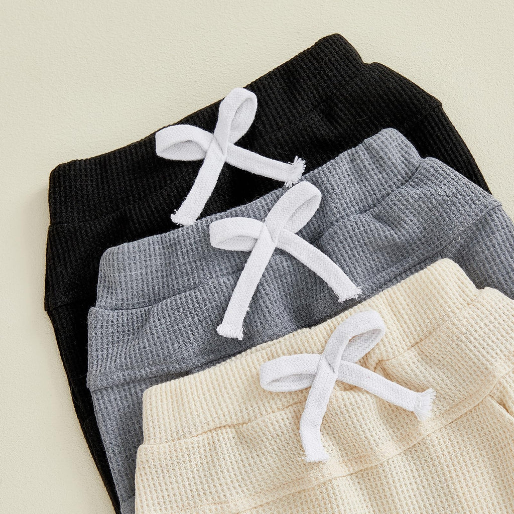 Sejardin Toddler Baby Boy Girl Pants 3 Pack Solid Color Elastic Waist Jogger Sweatpants Newborn Infant Casual Bottoms (Waffle Black Gray Apricot, 6-12 Months)