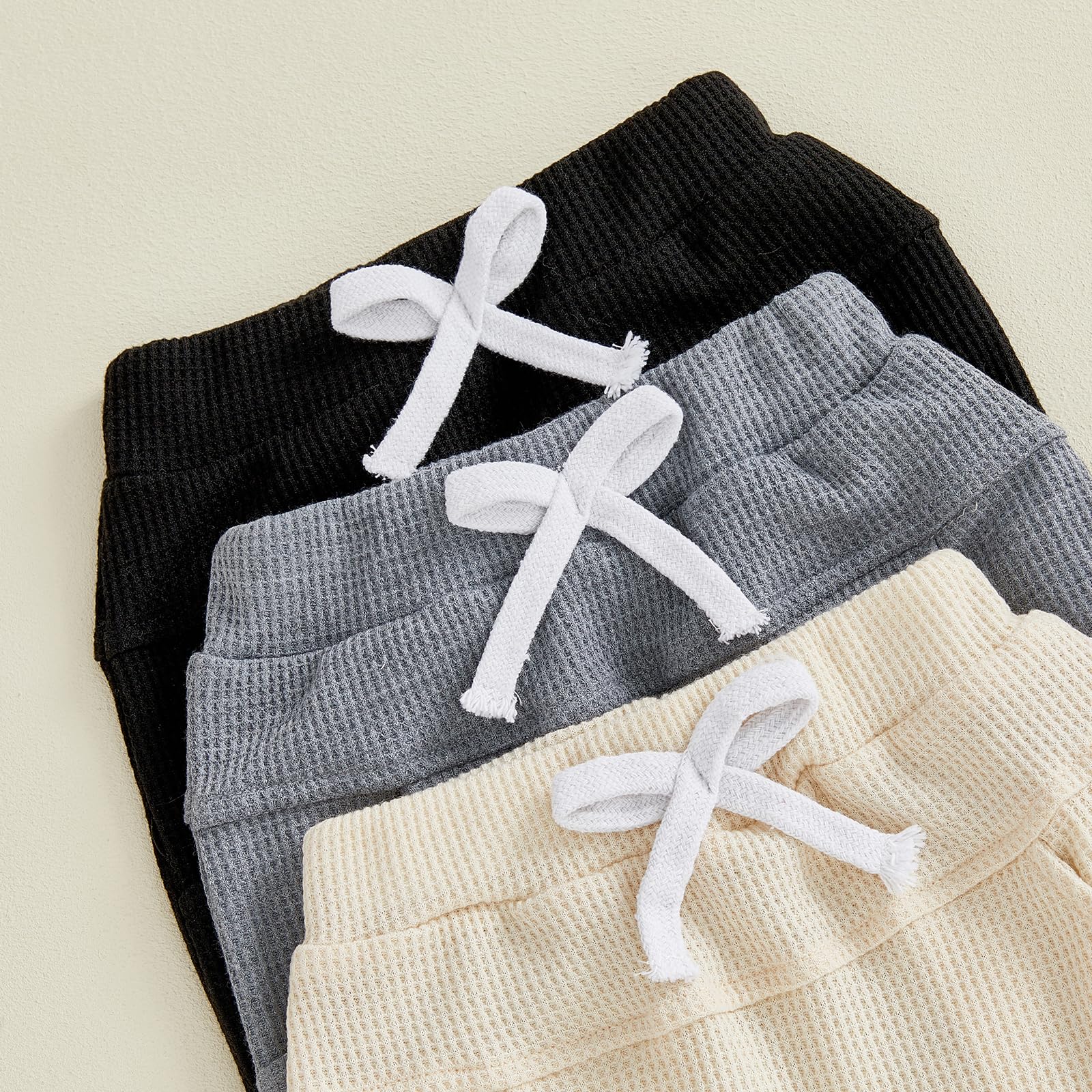 Sejardin Toddler Baby Boy Girl Pants 3 Pack Solid Color Elastic Waist Jogger Sweatpants Newborn Infant Casual Bottoms (Waffle Black Gray Apricot, 6-12 Months)