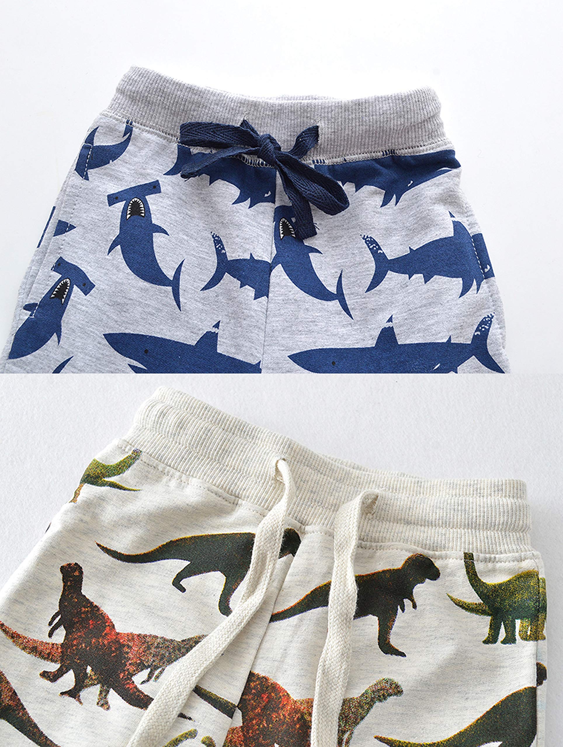 HUAER& Baby Boy's Jogger Pants Dinosaur Car Animal Print Drawstring Elastic Sweatpants 2-Pack (Dinosaur + Shark, 3T)