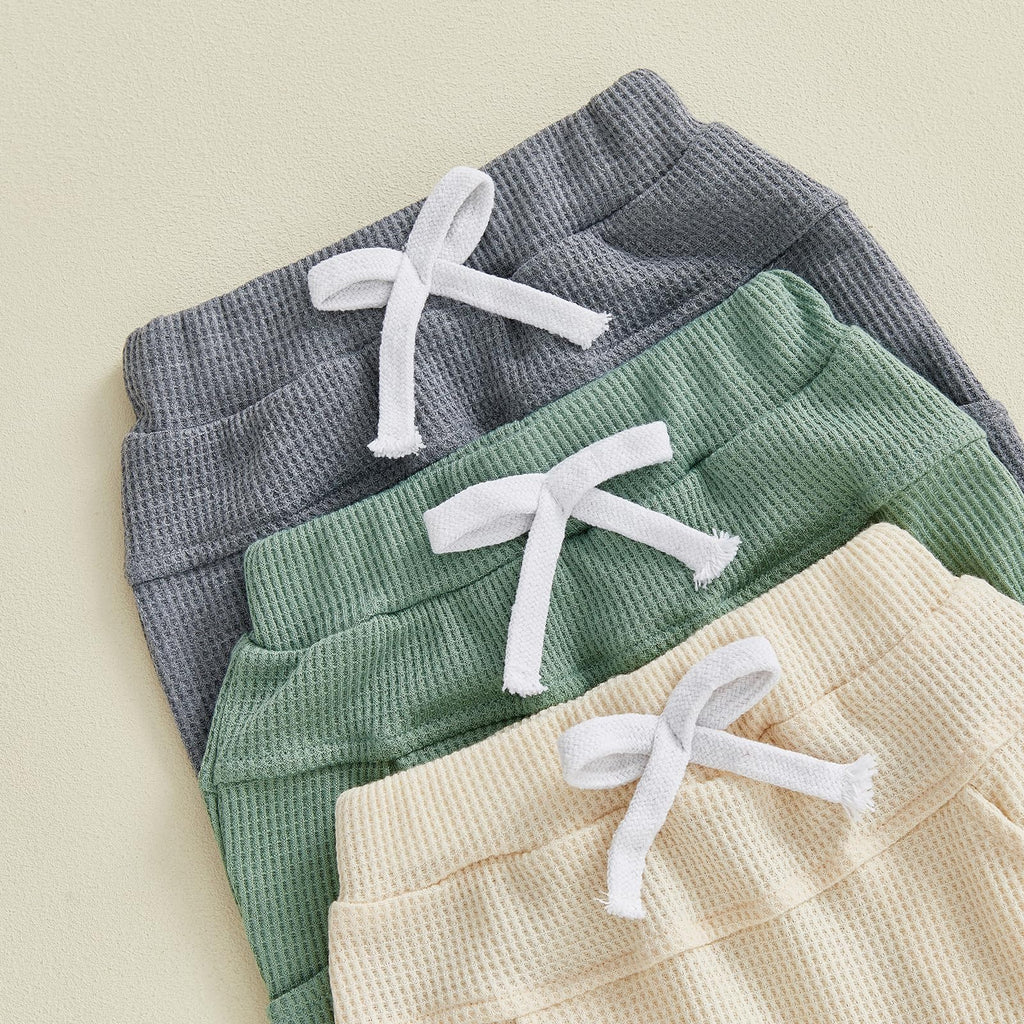 Sejardin Toddler Baby Boy Girl Pants 3 Pack Solid Color Elastic Waist Jogger Sweatpants Newborn Infant Casual Bottoms (Waffle Grey Green Apricot, 2-3 Years)