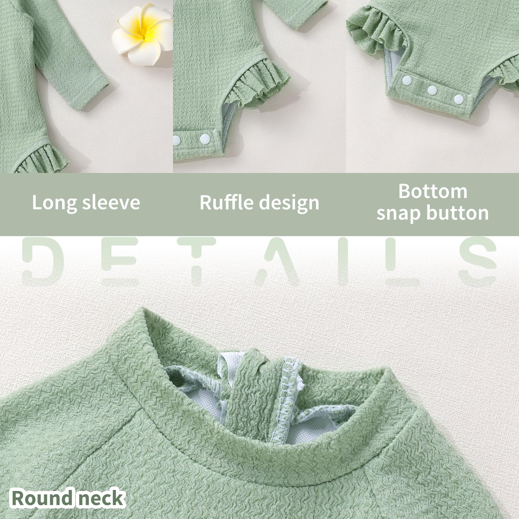 YOUNGER TREE Infant Baby Girls Long Sleeve Swimsuit One Piece Swimsuit Solid Color Bathing Suit with Hat, UPF 50+（Light Green, 3-6 Months）