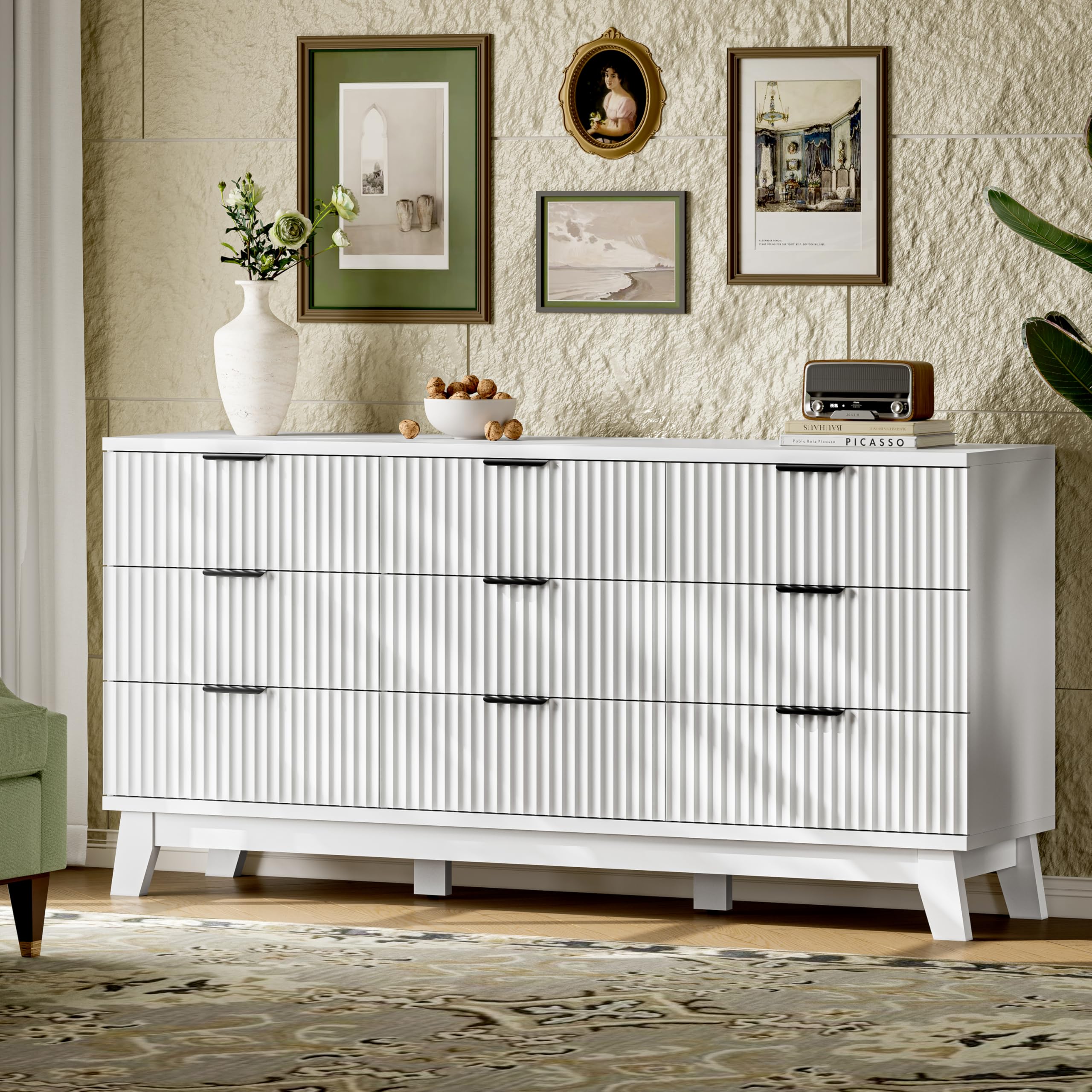 Xixini Fluted Dresser with 9 Drawers, 63" Wide Modern Chest of Drawers with Metal Handle, Wooden Dresser TV Stand, Wood Closet Clothes Storage Organizer for Bedroom, Living Room, Hallway, Solid White