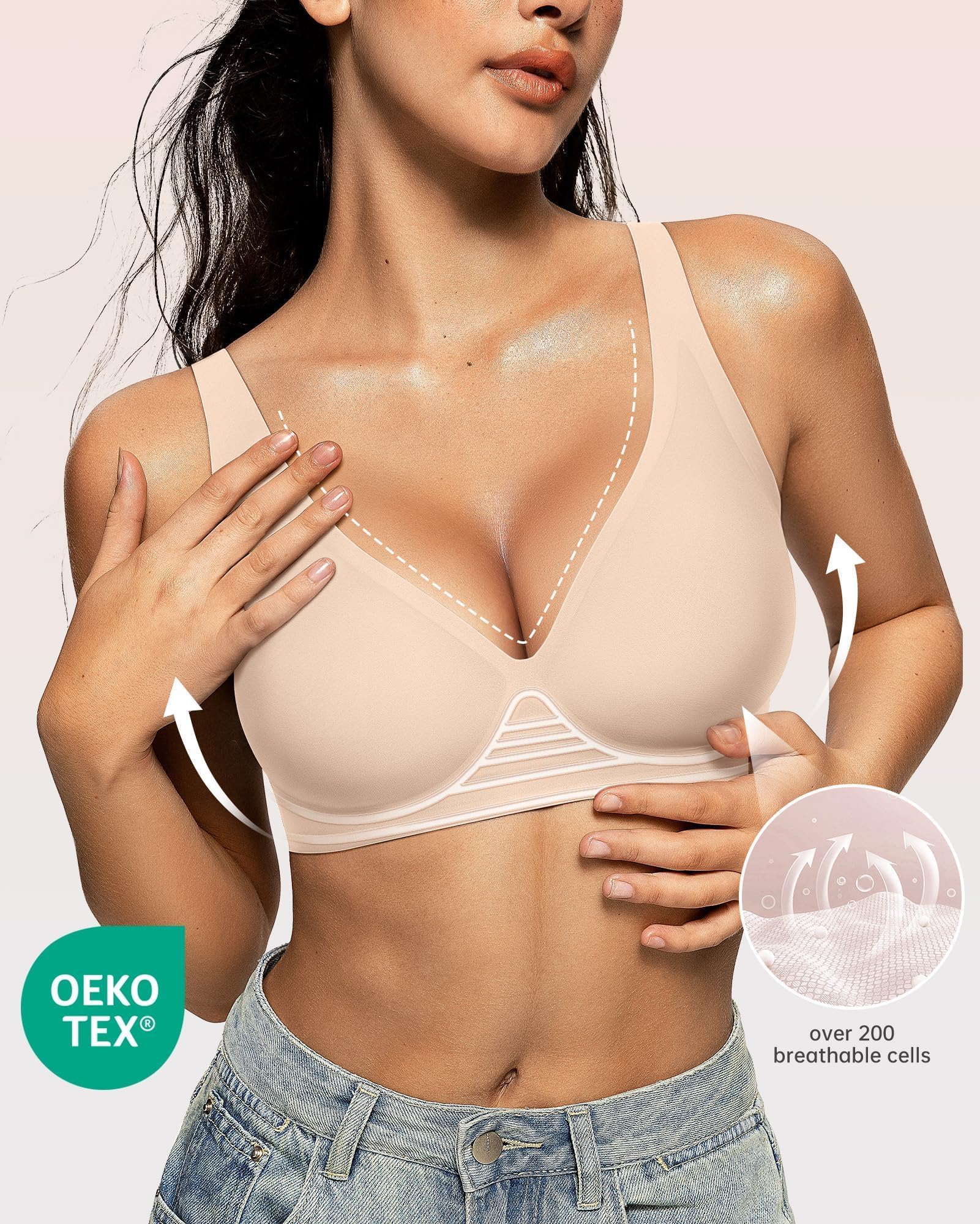 OEAK Womens Deep V Bras Wireless Comfortable Bra Supportive No Underwire Bras Tshirt Push Up Bralettes Plunge Seamless Bra Skin Color 3XL