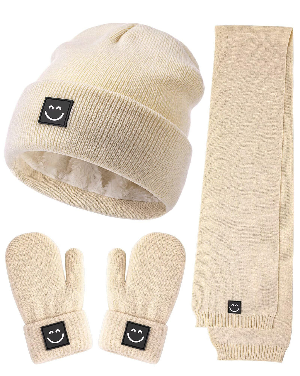 Baby Beanie Mittens Scarf Set,Toddler Kids Winter Hat and Thermal Gloves Neck Warmer Set for Girls Boys Beige