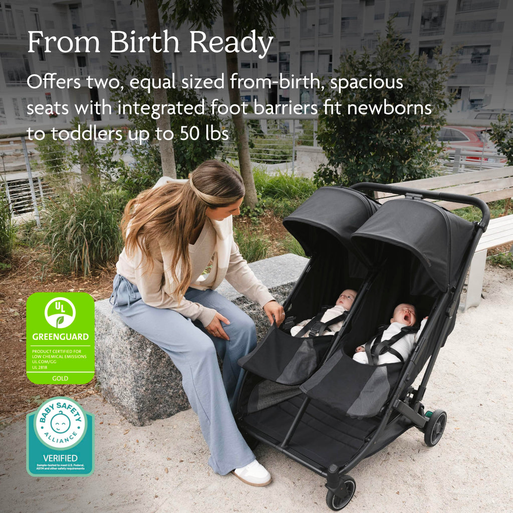 UPPAbaby Minu Duo Side-by-Side Double Stroller - Lightweight + Compact Design for Travel - Easy Fold- from Birth to Toddler - Independent Recline - Jake (Charcoal/Carbon Frame/Black Leather)