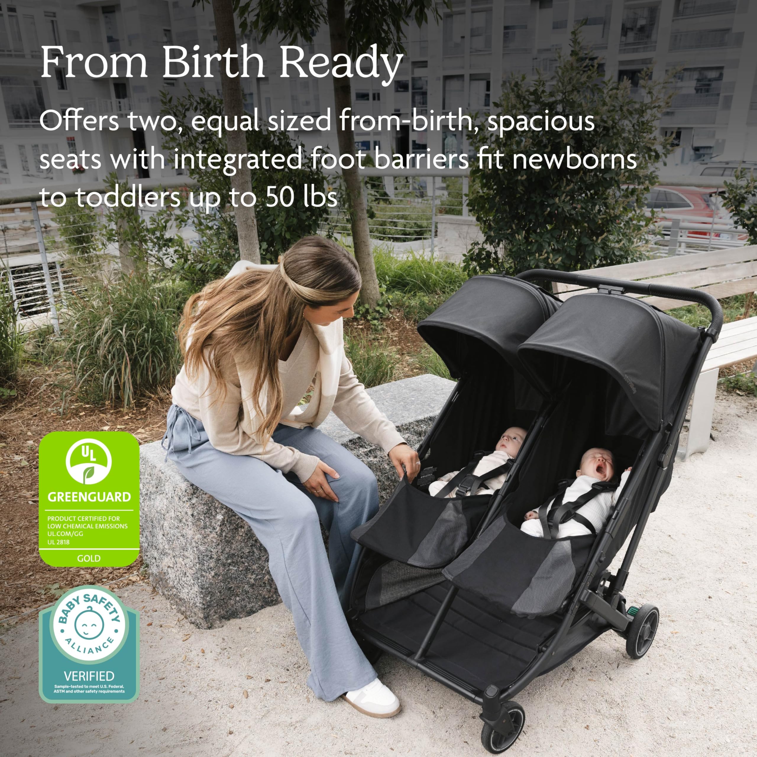 UPPAbaby Minu Duo Side-by-Side Double Stroller - Lightweight + Compact Design for Travel - Easy Fold- from Birth to Toddler - Independent Recline - Jake (Charcoal/Carbon Frame/Black Leather)