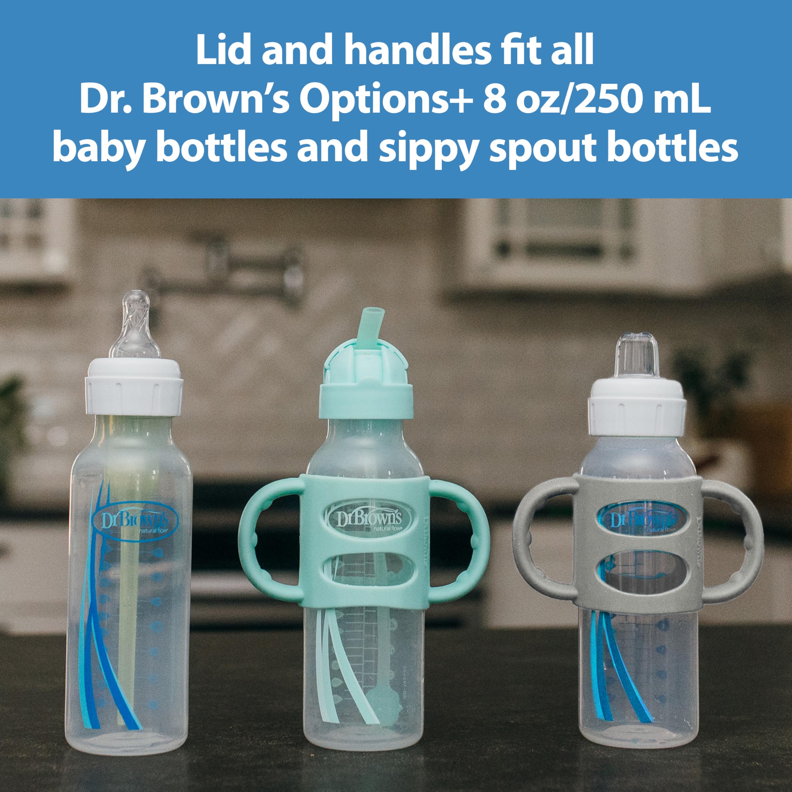 Dr. Brown's Milestones Narrow Sippy Straw Bottle, Spill-Proof with 100% Silicone Handles and Weighted Straw, 8 oz/250 mL, Gray/Pink, 6m+