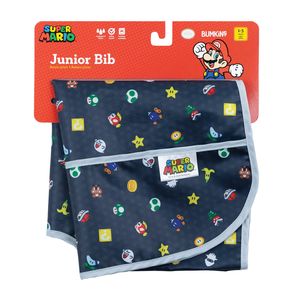 Bumkins Short Sleeve Bib for Girl or Boy, Toddler and Kids for 1-3 Years, Large Size, Essential Must Have for Junior Children, Eating, Mess Saving Soft Fabric Apron for Play, Nintendo Super Mario
