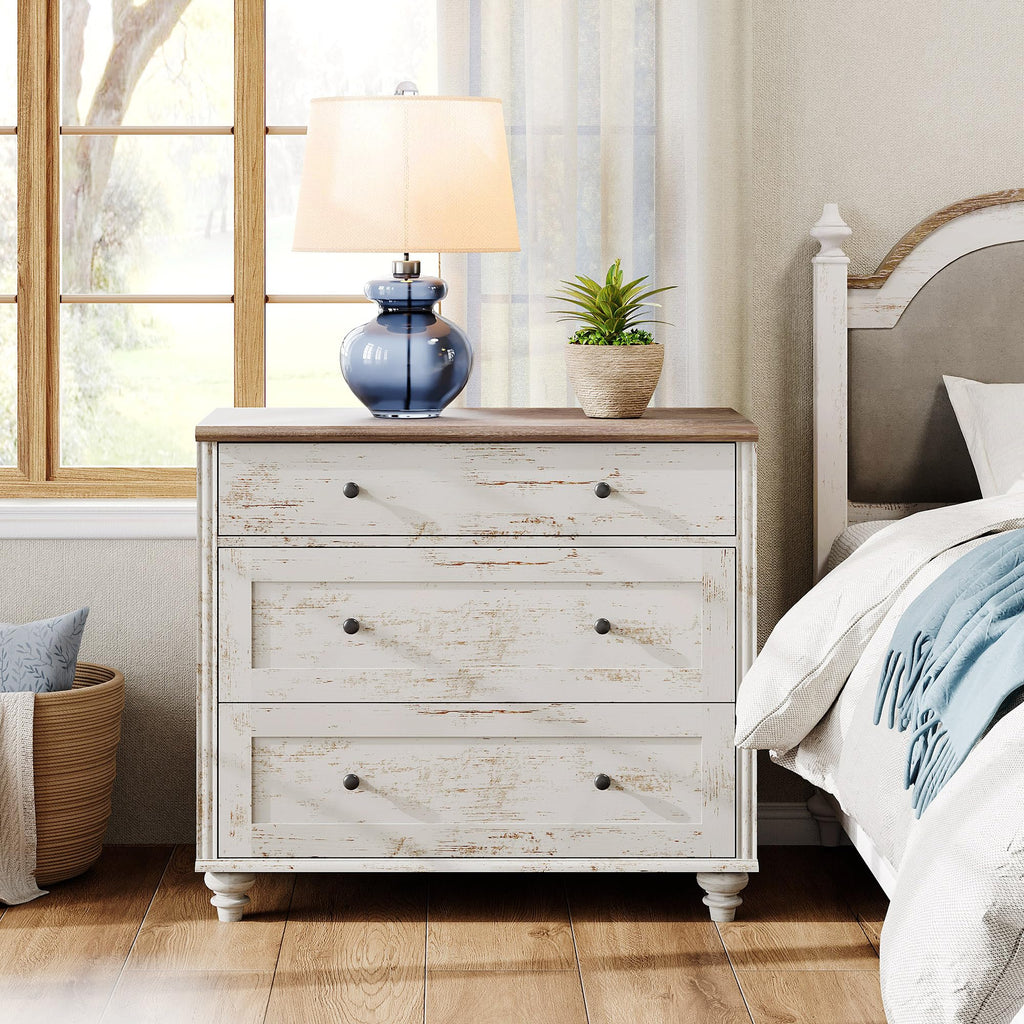 WAMPAT Baby Dresser for Bedroom with 3 Drawers, Kids Dressers with Wide Chest of Drawers, Farmhouse Wooden Closet Storage Organizer, Small Dressers for Living Room, Nursery, Hallway, Rustic White