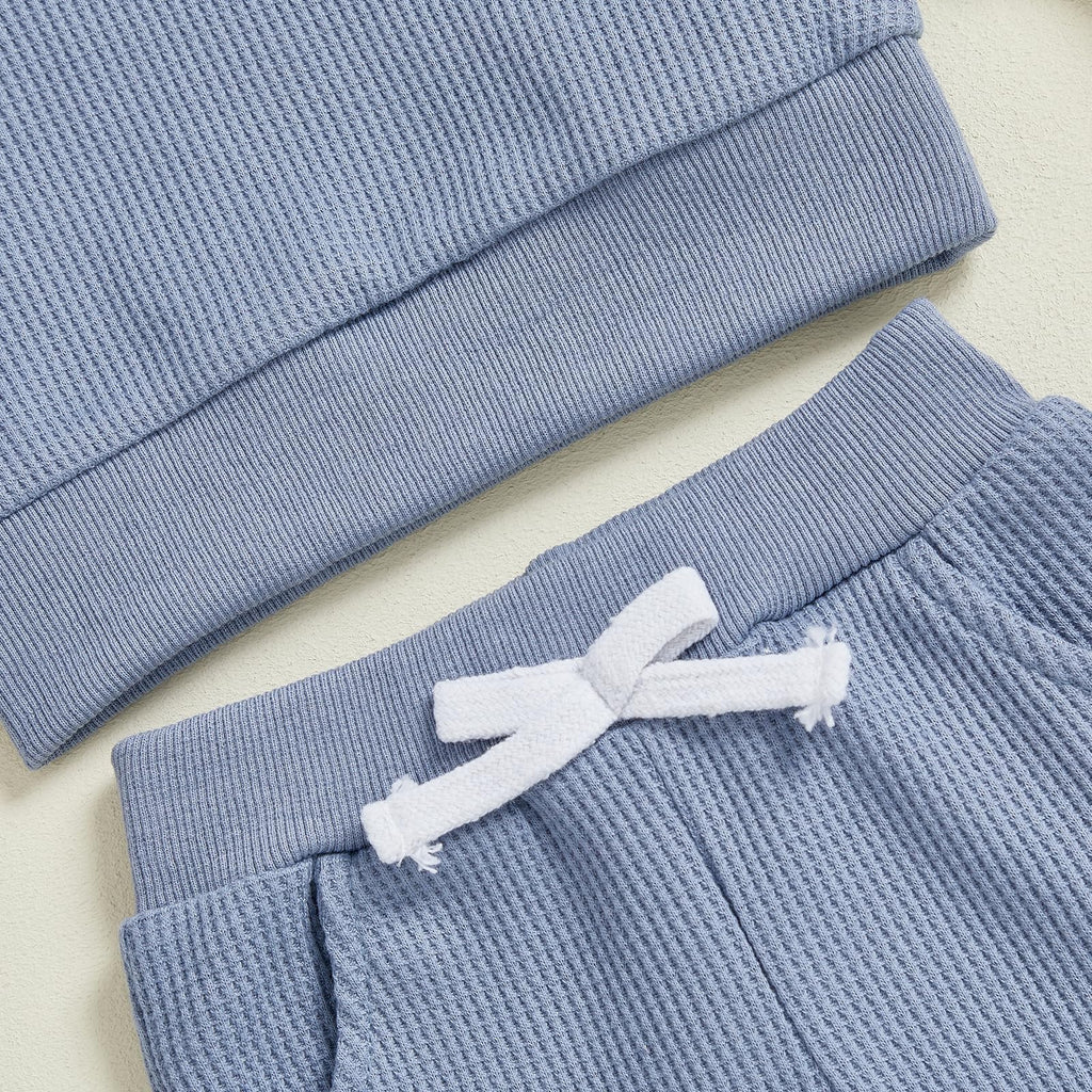 Kuriozud Toddler Baby Boy Fall Winter Clothes Long Sleeve Crewneck Pullover Sweatshirt Jogger Pants Set 2 Piece Outfit (Waffle Color Block Blue, 18-24 Months)