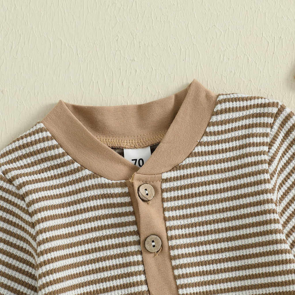 Kuriozud Newborn Infant Unisex Baby Boy Girl Clothes Button Romper Jumpsuit Basic One Piece Outfits Striped Striped Long Sleeve with Hat Khaki, 6-9 Months