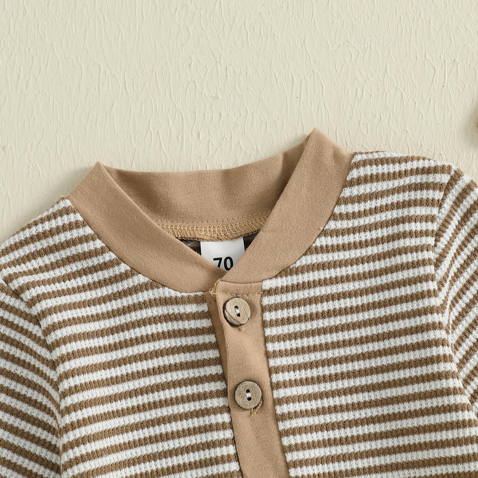 Kuriozud Newborn Infant Unisex Baby Boy Girl Clothes Button Romper Jumpsuit Basic One Piece Outfits Striped Striped Long Sleeve with Hat Khaki, 6-9 Months