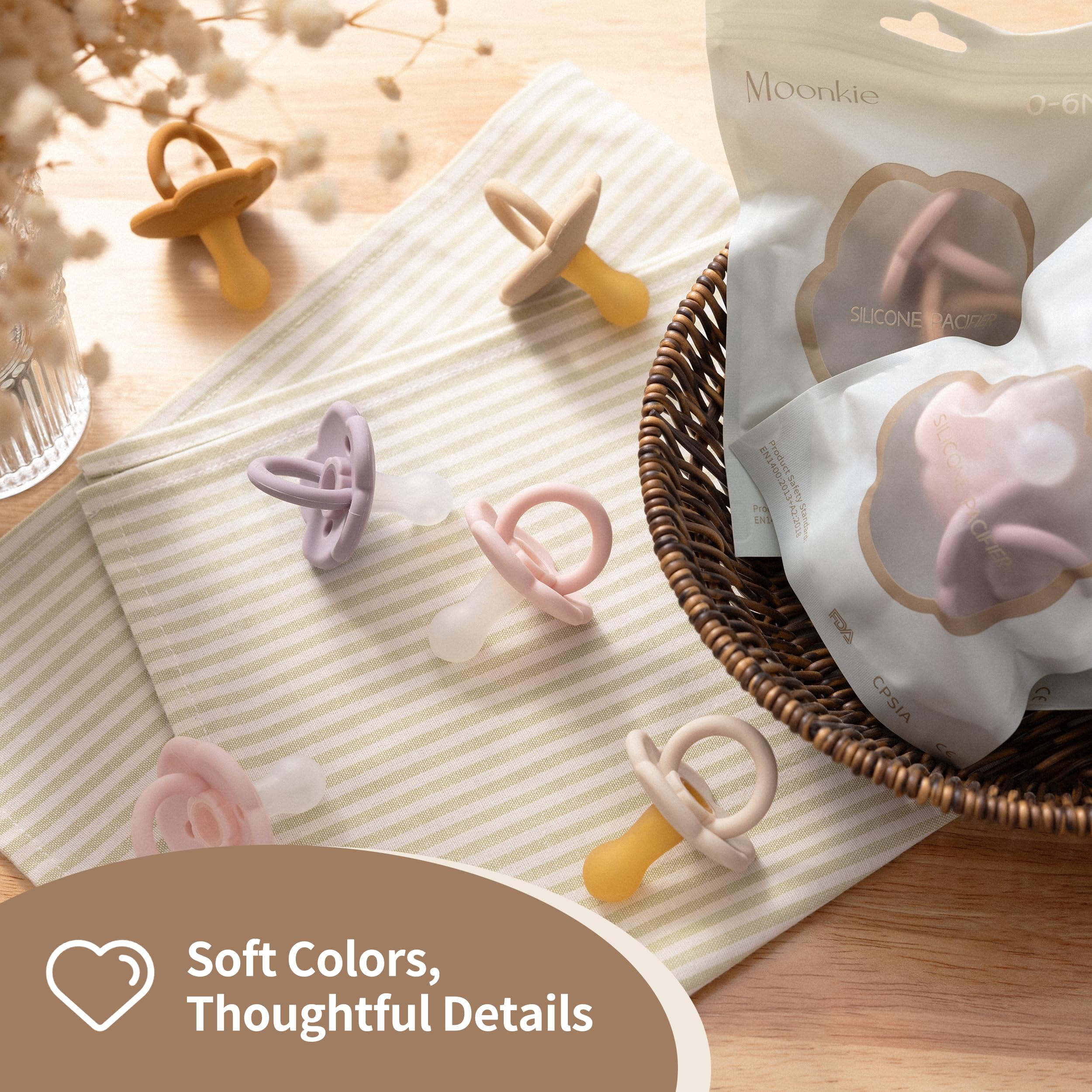 Moonkie Pacifiers Set of 2 | One-Piece Design Baby Pacifier with Large Air Holes | BPA-Free Silicone | Safe for Babies 0-6 Months