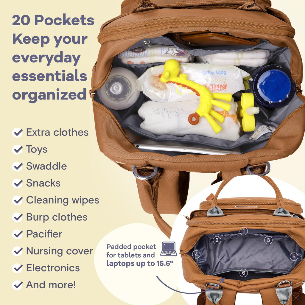 RUVALINO Diaper Bag Backpack-Multifunction Baby Travel Bag with Changing pad, Insulated Bottle Holders & Pacifier Case, Large Capacity, Waterproof, Dark Brown
