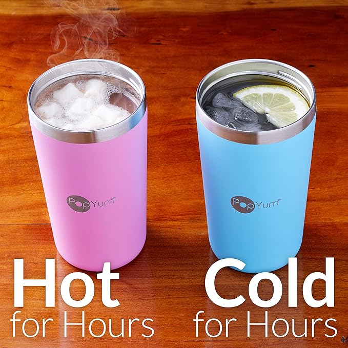 PopYum 13oz Insulated Stainless Steel Kids’ Cups with Lid and Straw, 2-Pack, Orange, Blue, stackable, sippy, baby, child, toddler, tumbler, double wall, vacuum, leak proof