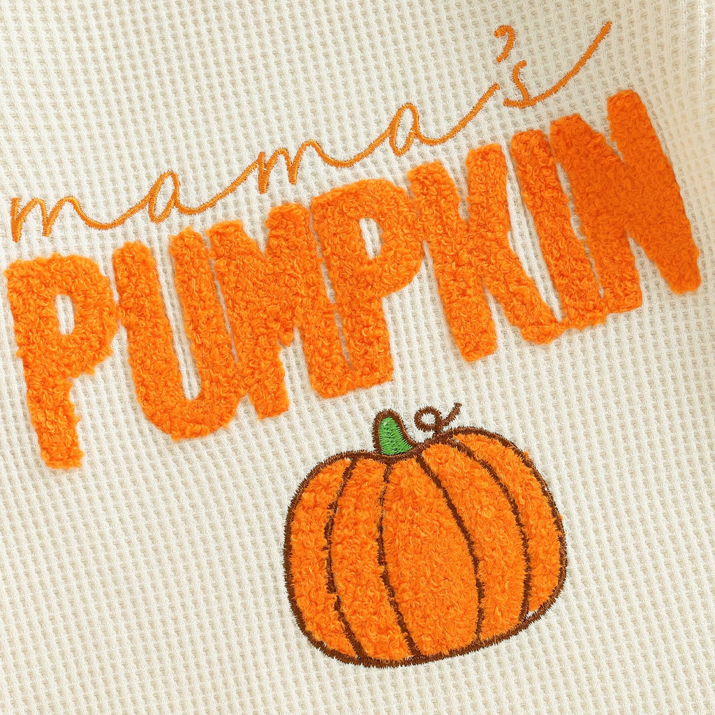 Doqcey Newborn Infant Baby Boy Halloween Outfit Little Pumpkin Embroidery Romper Waffle Knit Long Sleeve Jumpsuit with Hat (Apricot mama's pumpkin, 6-12 Months)