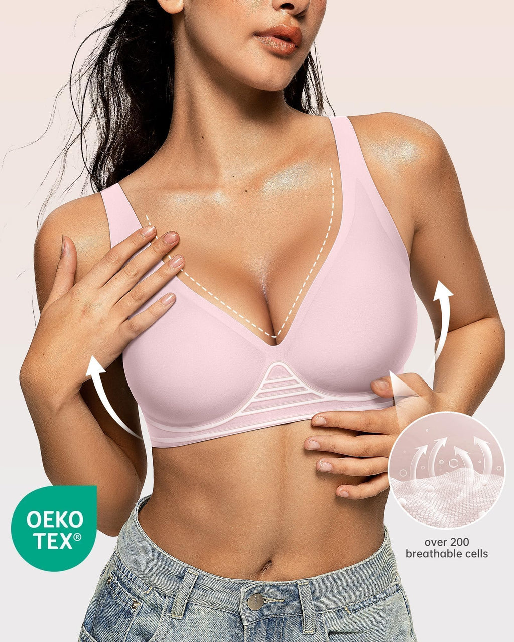 OEAK Womens Deep V Bras Comfortable Bras Support Push Up Bralettes Low Cut no Underwire Bras Plunge Seamless Tshirts Bras Pink L