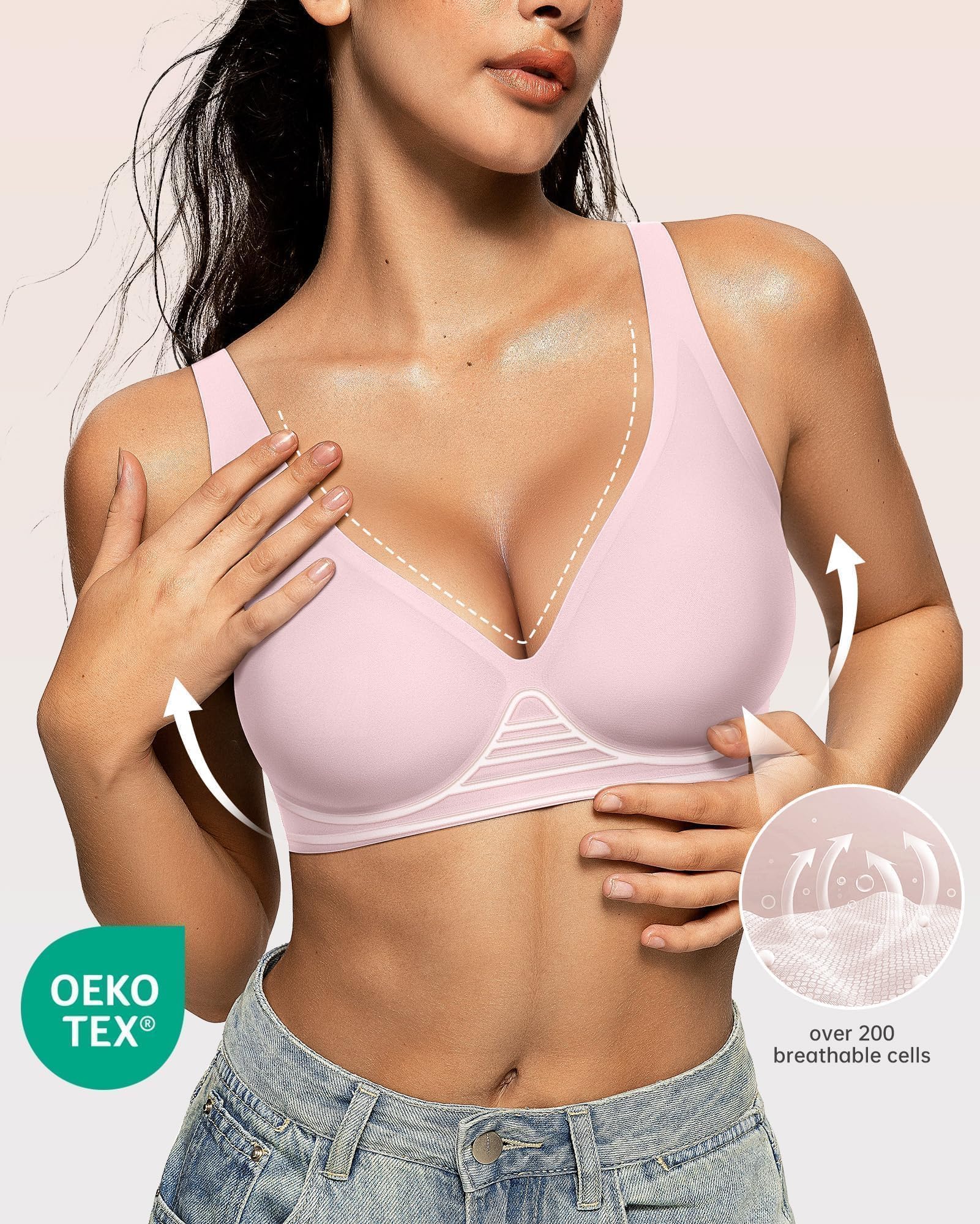 OEAK Womens Deep V Bras Comfortable Bras Support Push Up Bralettes Low Cut no Underwire Bras Plunge Seamless Tshirts Bras Pink L