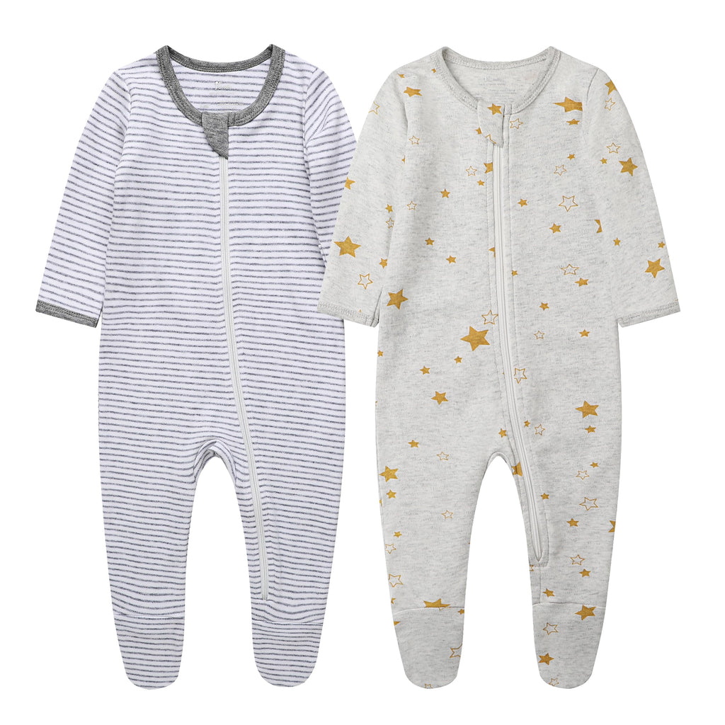 O2 BABY Baby Boys Girls Organic Cotton Zip Front Sleeper Pajamas, Footed Sleep 'n Play（0-3 Months, Star & Stripes）