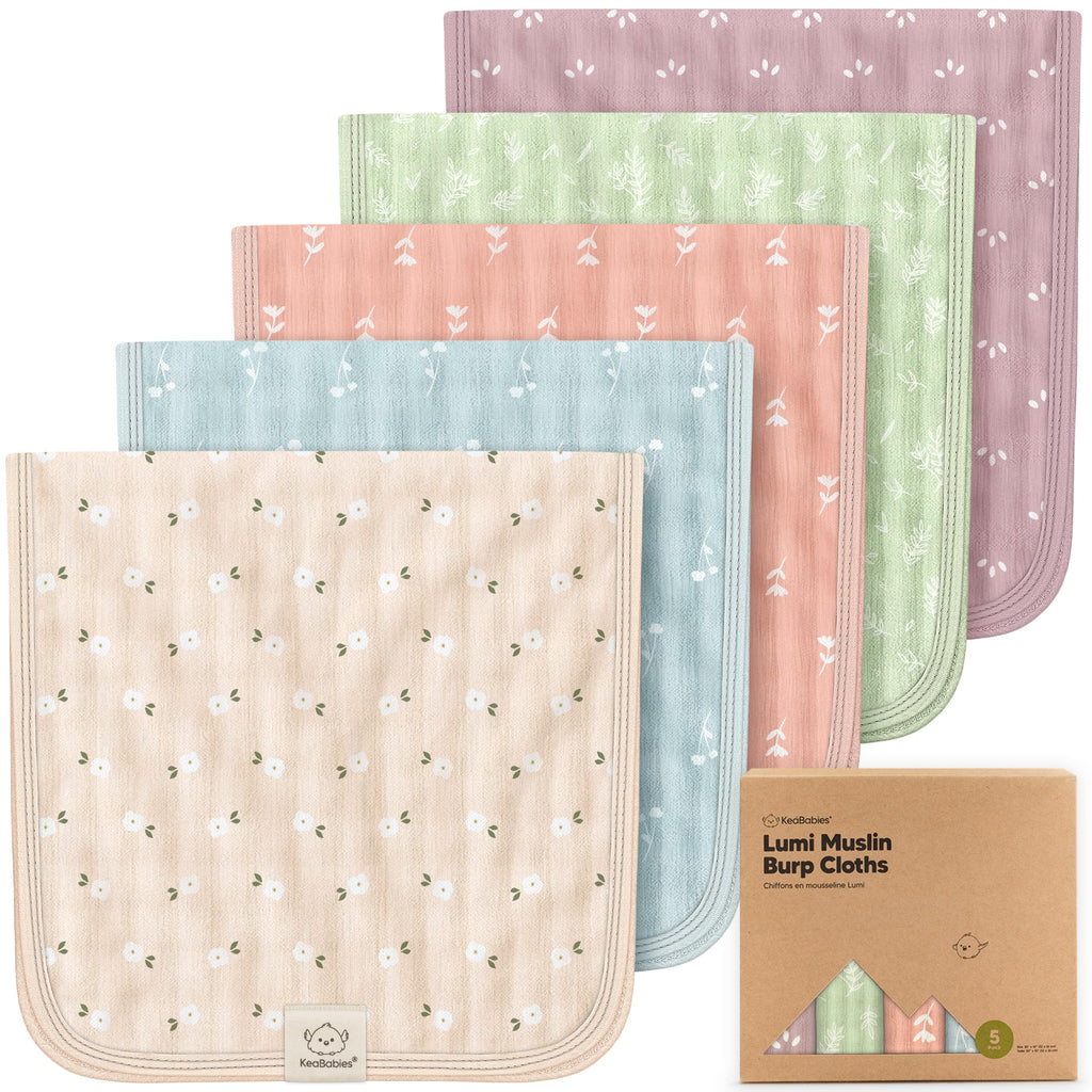 KeaBabies Cotton Muslin Burp Cloths Baby Boy, Girl, 5-Pack 20x10 (Bloom)
