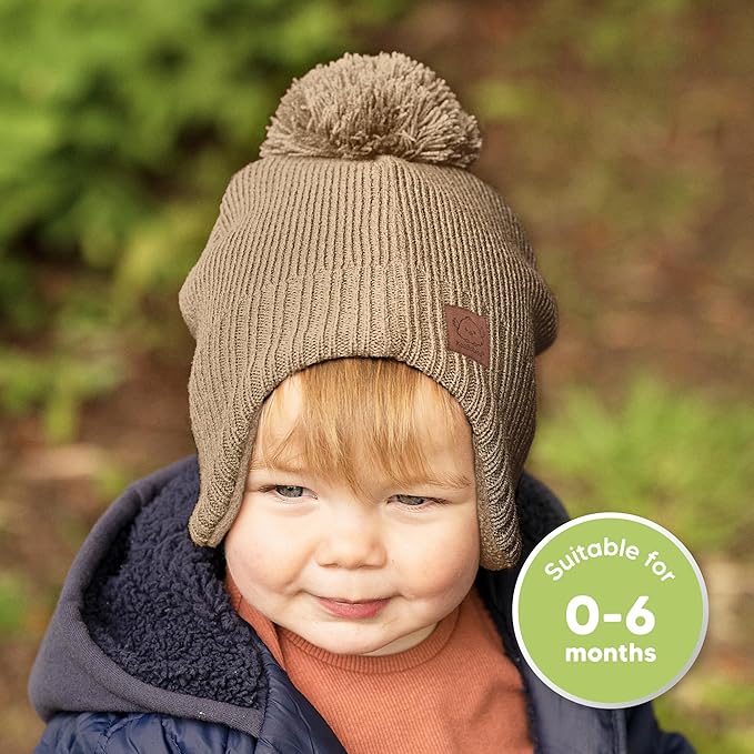 Baby Beanies, Baby Hats for Boys, Girls - Cute Toddler Winter Hat, Soft & Stretchy Beanies for Infant, Newborn 0-6 Months, Cozy & Warm with Earflap Muff & Pom (Taupe, S)