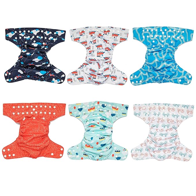Simple Being Reusable Cloth Diapers, One Size Adjustable, Washable Soft Absorbent, Waterproof Cover, Eco-Friendly Unisex Baby Girl Boy, six 4-Layers Microfiber Inserts (Planes/Trains)