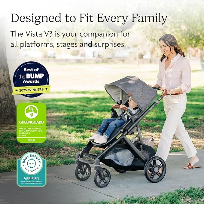 UPPAbaby Vista V3 Stroller - Full-Size Single-to-Double Stroller System - Toddler Seat, Bug Shield, Rain Shield, and Storage Bag Included - Owen (Mocha Mélange/Carbon Frame/Chestnut Leather)