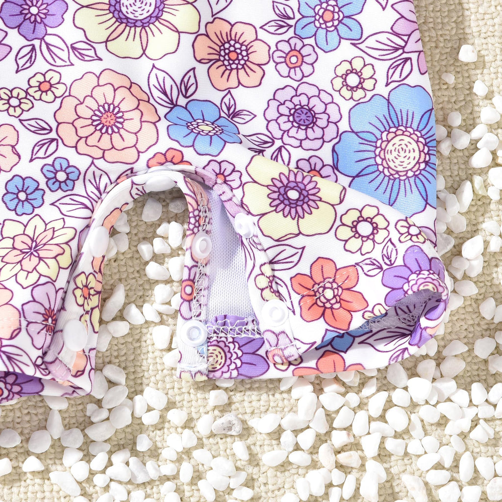 0-3 Months Newborn Infant Baby Girls One Piece Long Sleeve Swimsuit Floral Bathing Suit Flower Swimwear Beach Wear Purple