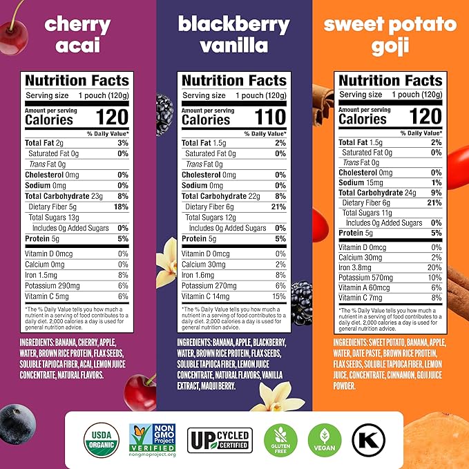 Noka Superfood Fruit Smoothie Pouches Variety Pack, Healthy Snacks with Flax Seed, Plant Protein and Prebiotic Fiber, Vegan and Gluten Free Snacks, Made in USA, Organic Squeeze Pouch, 4.22 oz, 6 Count