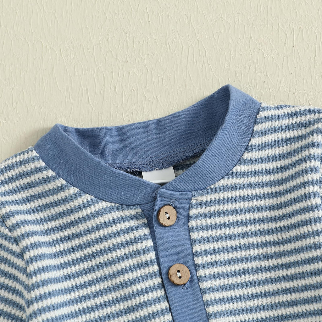 Kuriozud Newborn Infant Unisex Baby Boy Girl Clothes Button Romper Jumpsuit Basic One Piece Outfits Striped Long Sleeve with Hat Blue, 0-3 Months