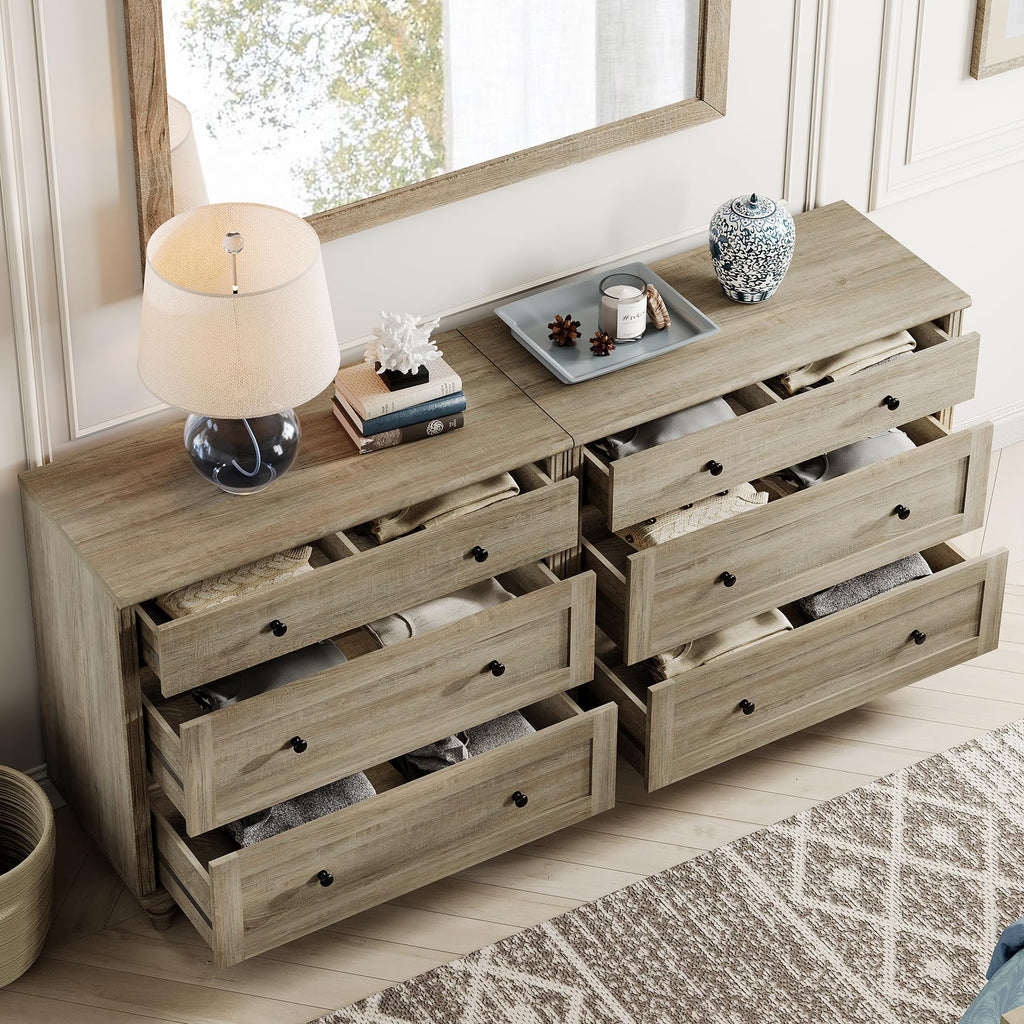 WAMPAT Kids Dresser for Bedroom with 6 Drawers, Rustic Oak Baby Dressers with Wide Chest of Drawers, Modern Wooden Closet Storage Organizer, Large Wood Dressers for Living Room, Nursery, Hallway