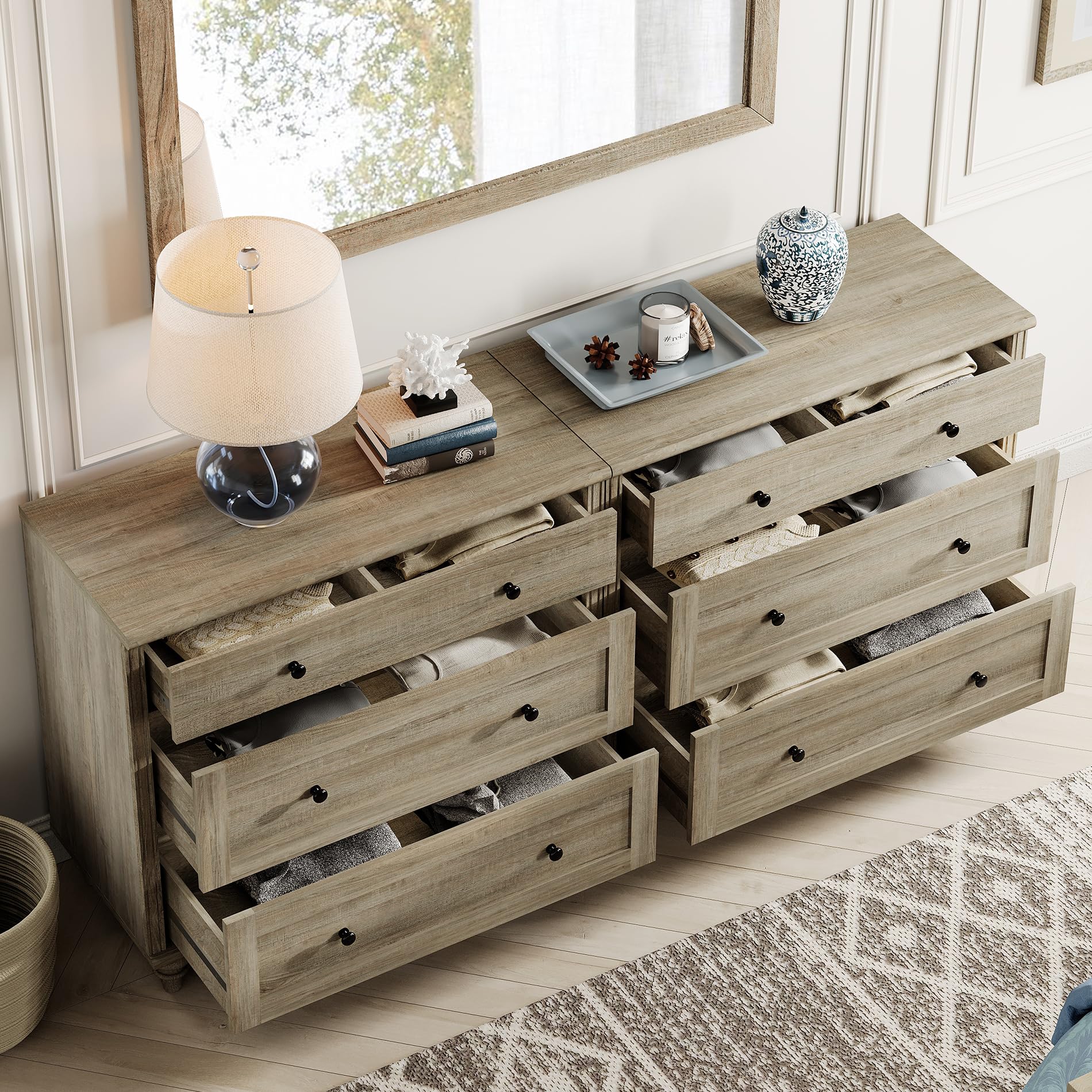 WAMPAT Kids Dresser for Bedroom with 6 Drawers, Rustic Oak Baby Dressers with Wide Chest of Drawers, Modern Wooden Closet Storage Organizer, Large Wood Dressers for Living Room, Nursery, Hallway