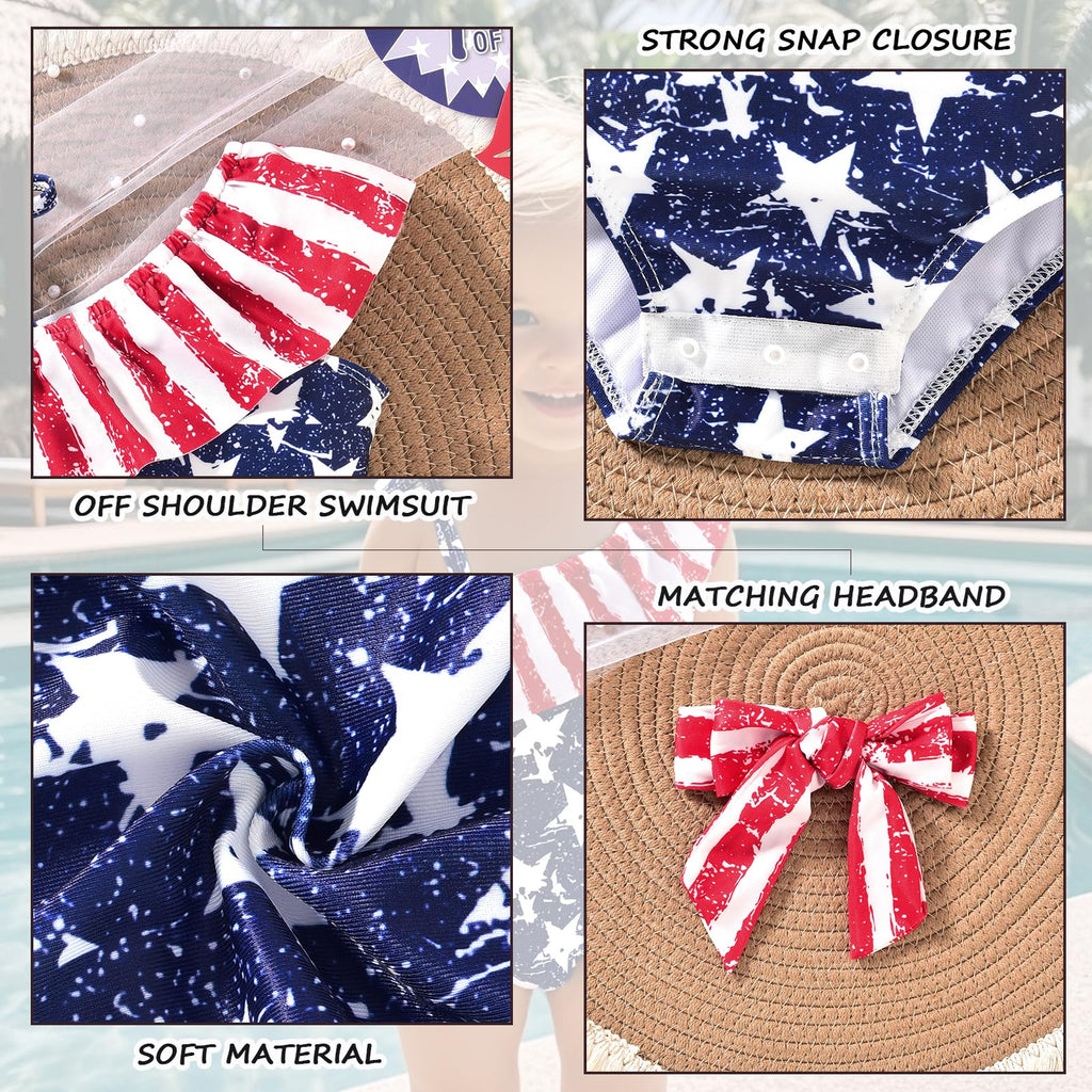 HINTINA 0-6 Months Infant Baby Girl 4th of July One Piece Swimsuit Off Shoulder American Flag Bathing Suit Independence Day Patriotic Swimwear