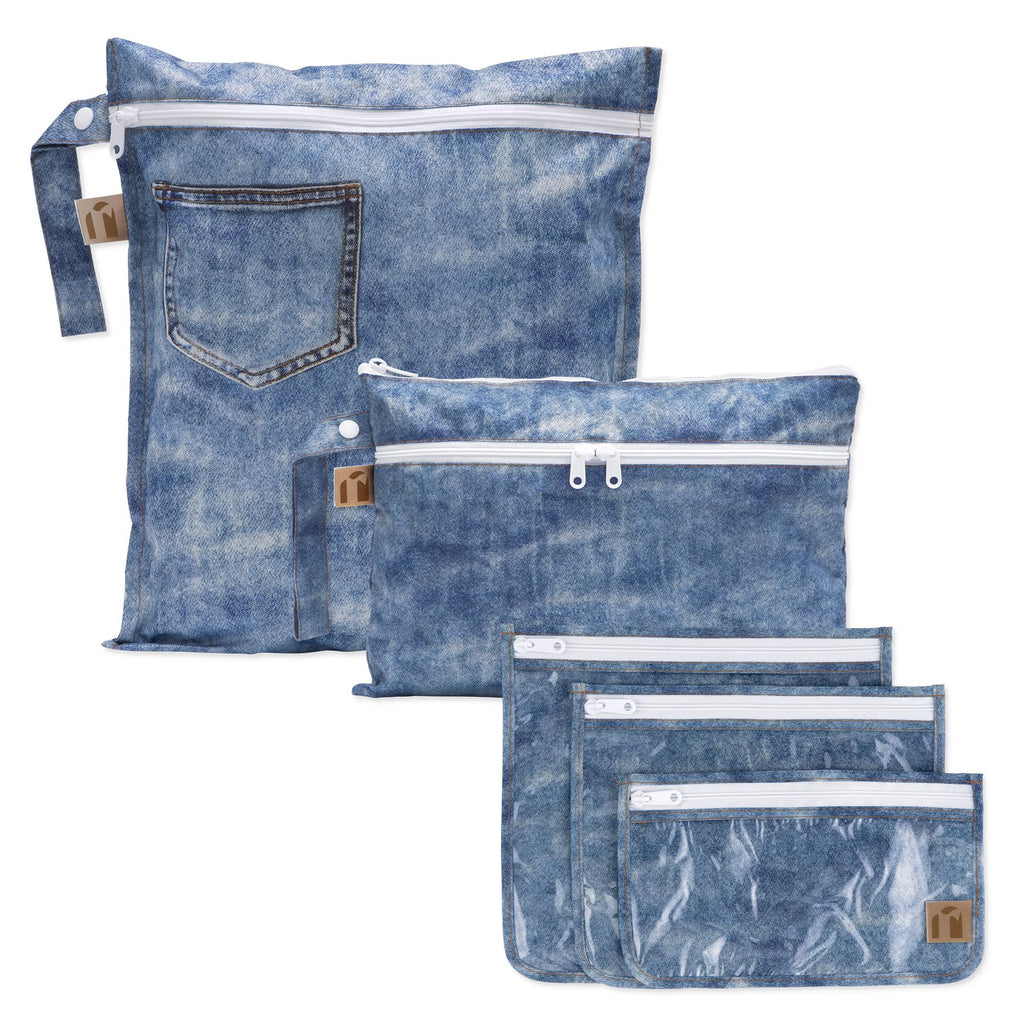 Bumkins Roamio Travel Set – Waterproof Wet Bag, Wet/Dry Clutch, 3 Clear TSA Pouches – Reusable Organizers for Swim, Gym, Toiletries, Baby Gear, Pump Parts, Beach, Pool, Travel, Faux Denim 5-pc Set